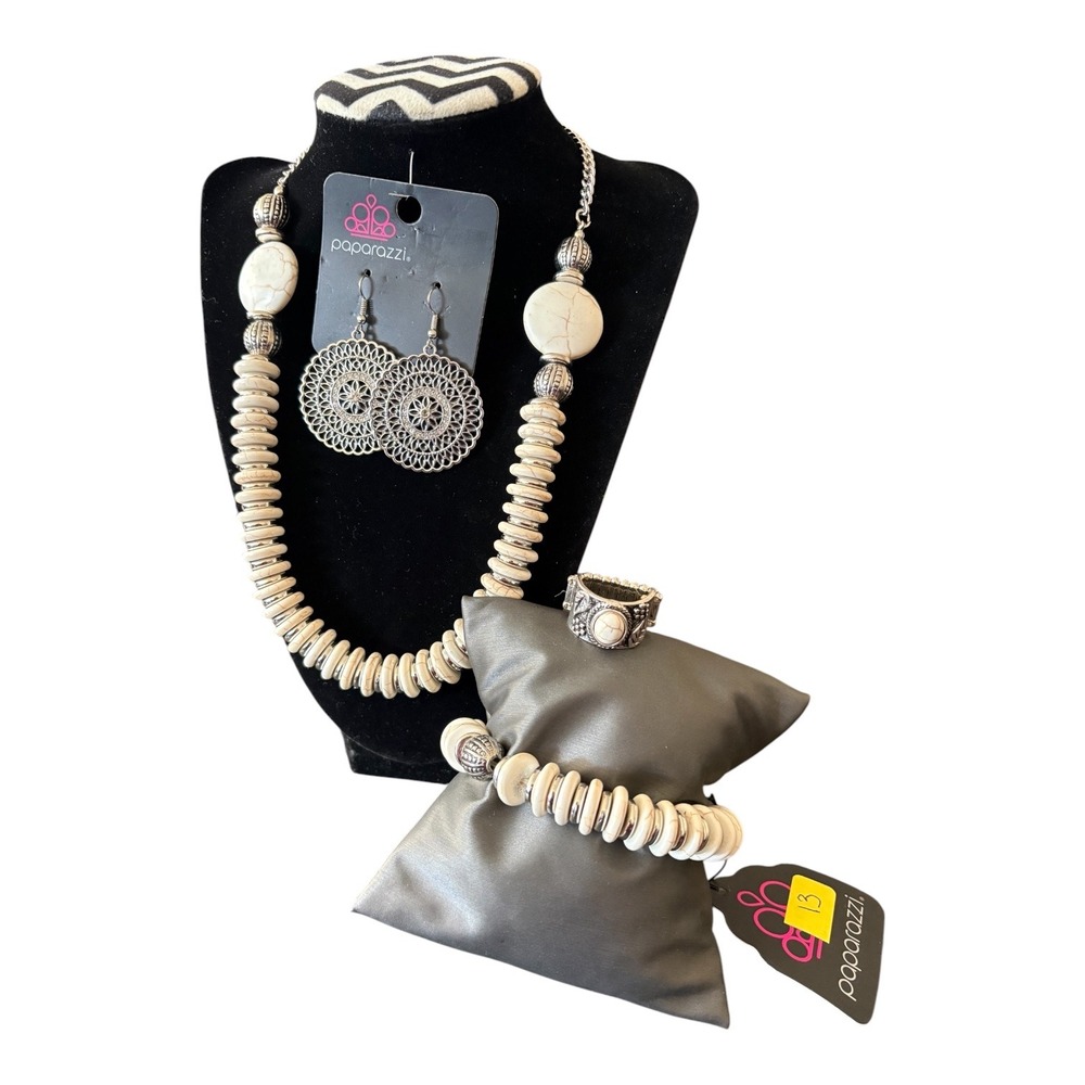 Paparazzi White Stone Jewelry Set Necklace Bracelet Ring Earrings Silver Tone